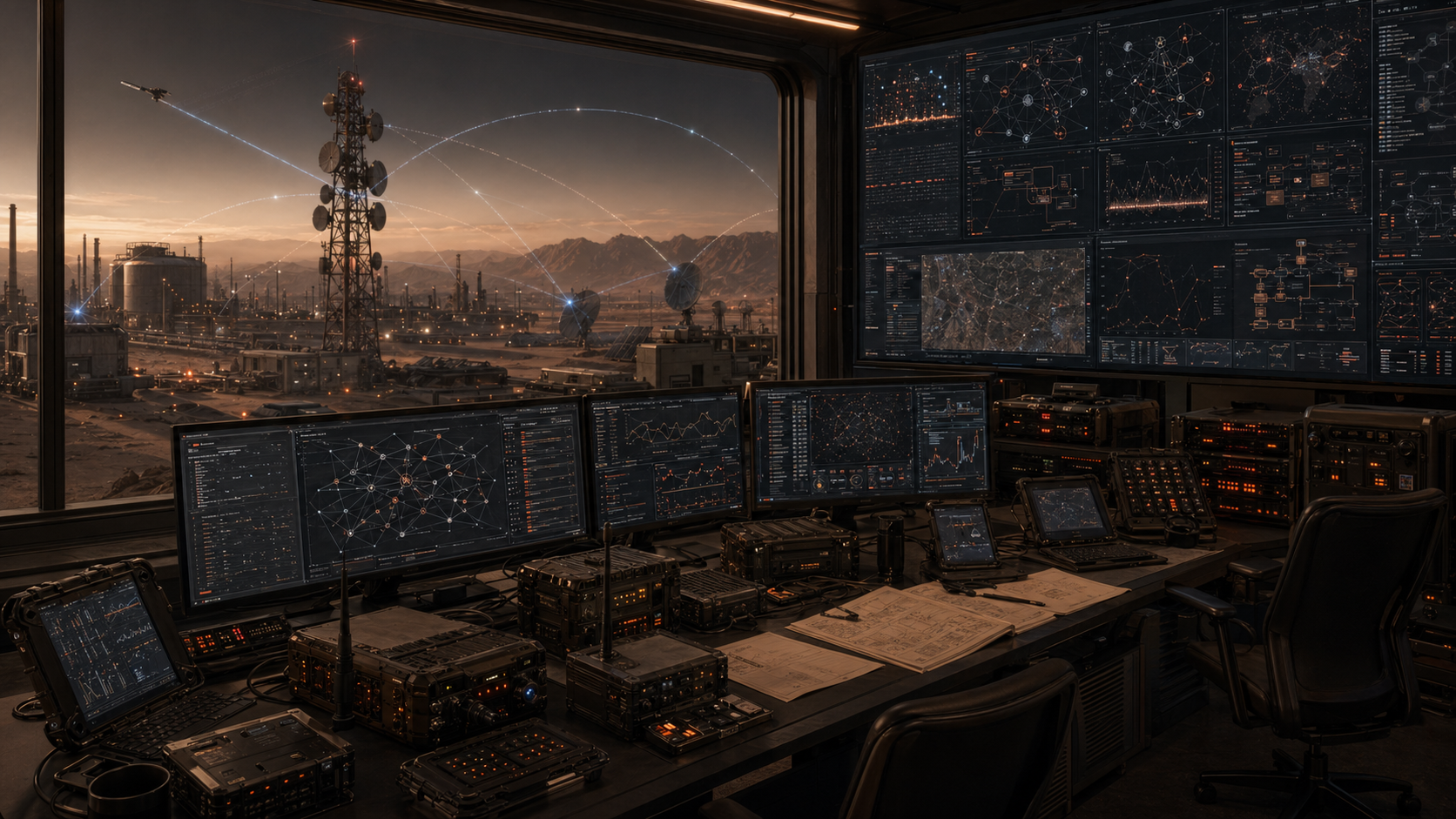 Critical infrastructure operations room with communications towers, industrial systems, spectrum paths, and assurance dashboards