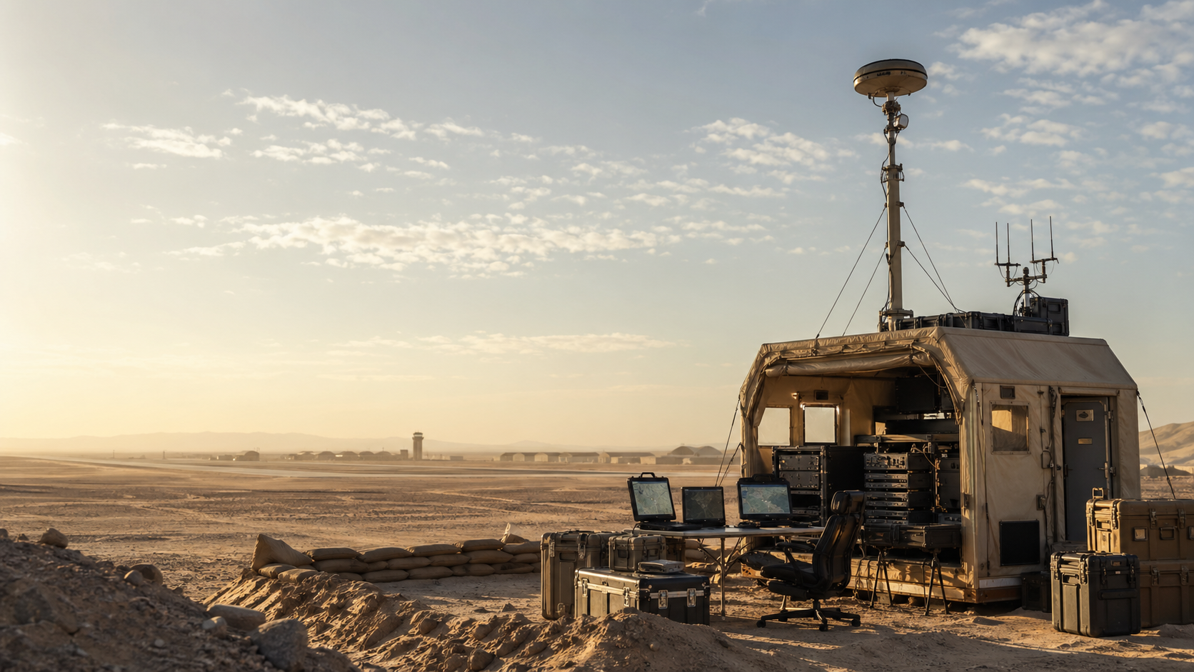 Desert field operations shelter with secure communications equipment