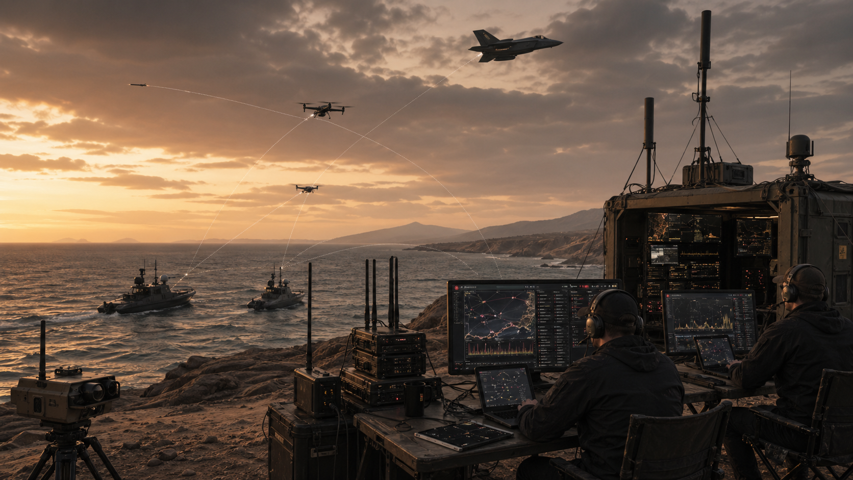 Maritime electronic warfare range with uncrewed surface vessels, UAVs, aircraft, and RF links