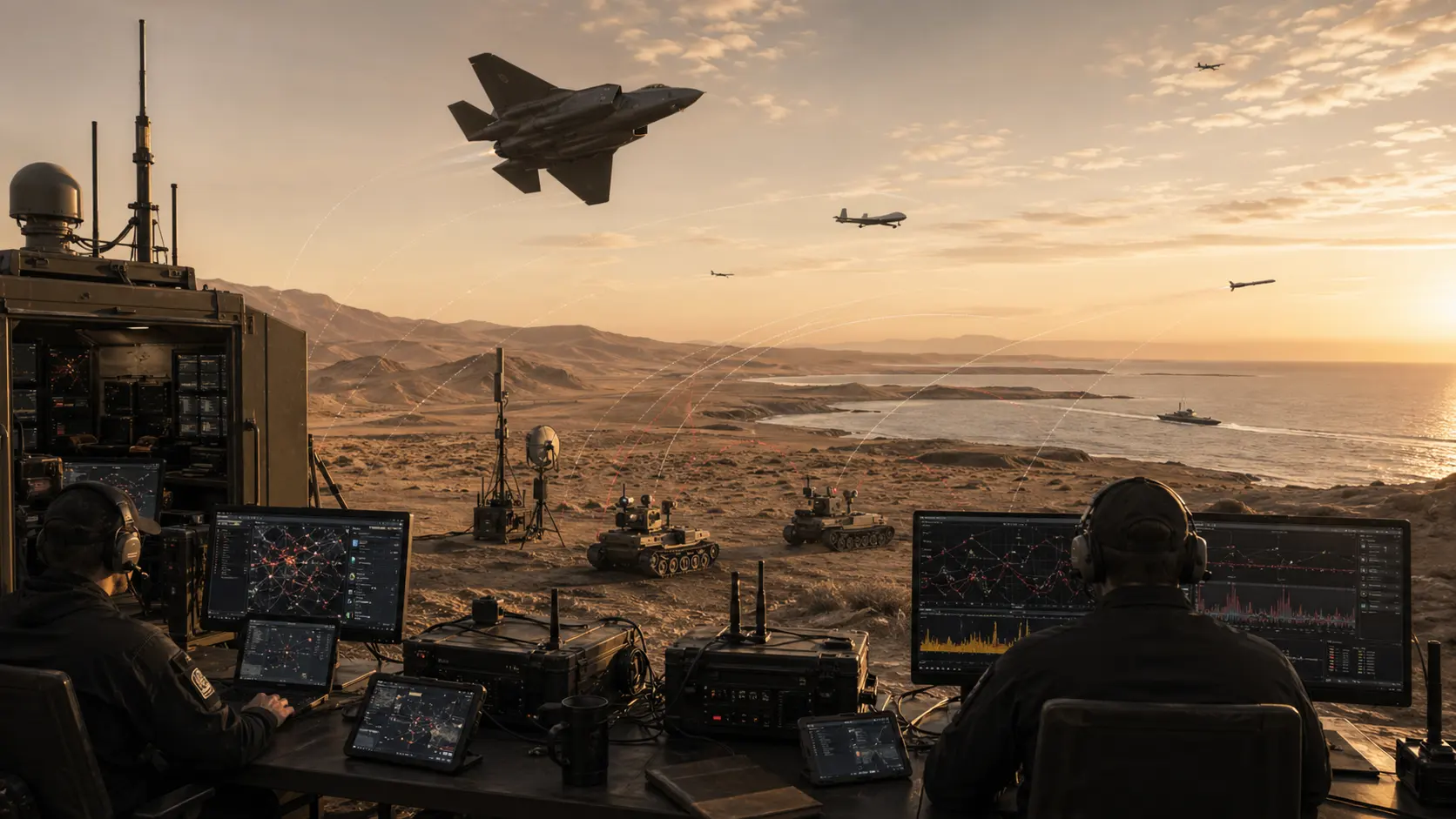 Multi-domain electronic warfare range with antenna farm deployed across tactical vehicles at golden hour, dust haze in valley choke point