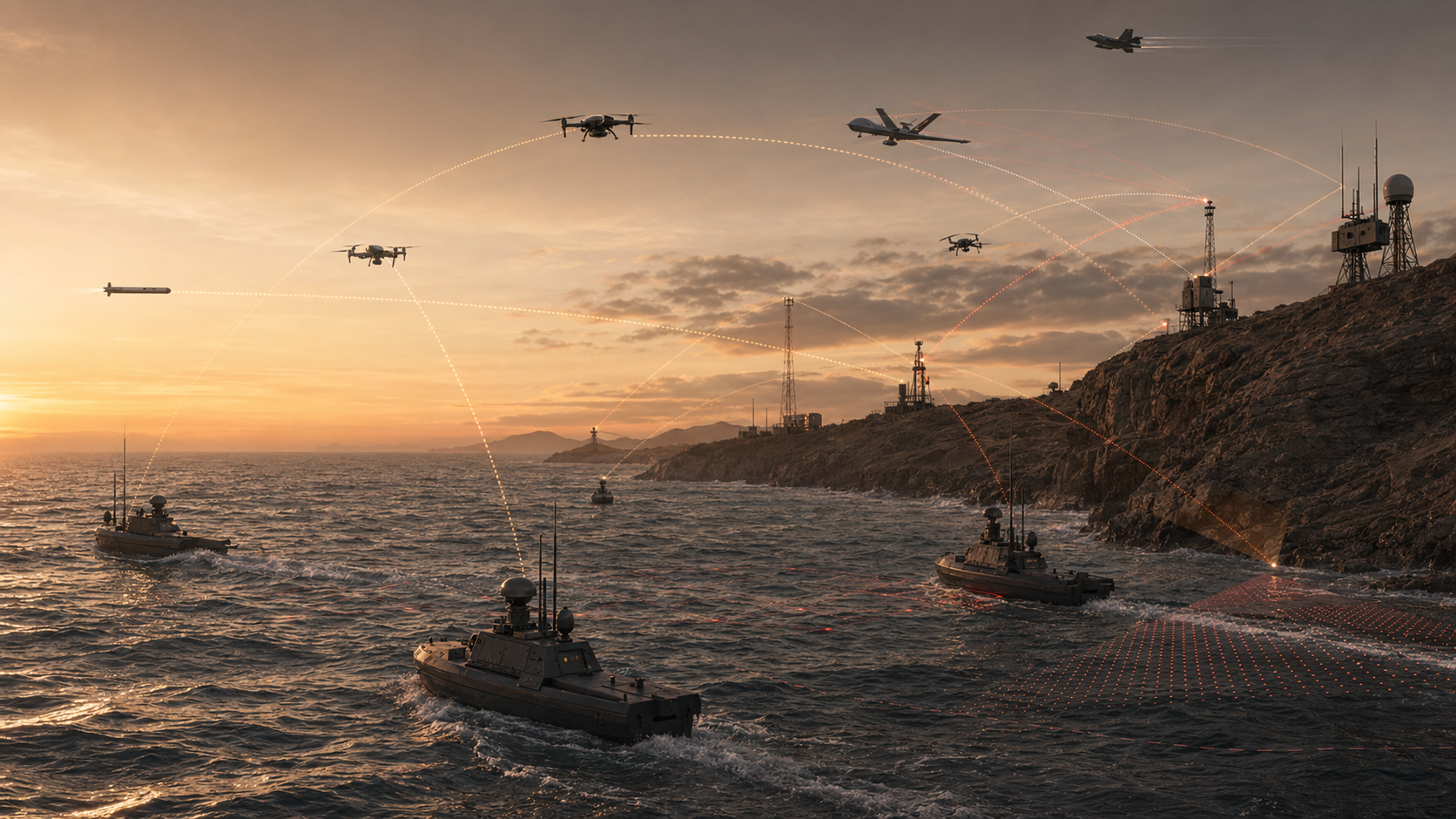 Coastal distributed electronic warfare range with uncrewed surface vessels and airborne platforms