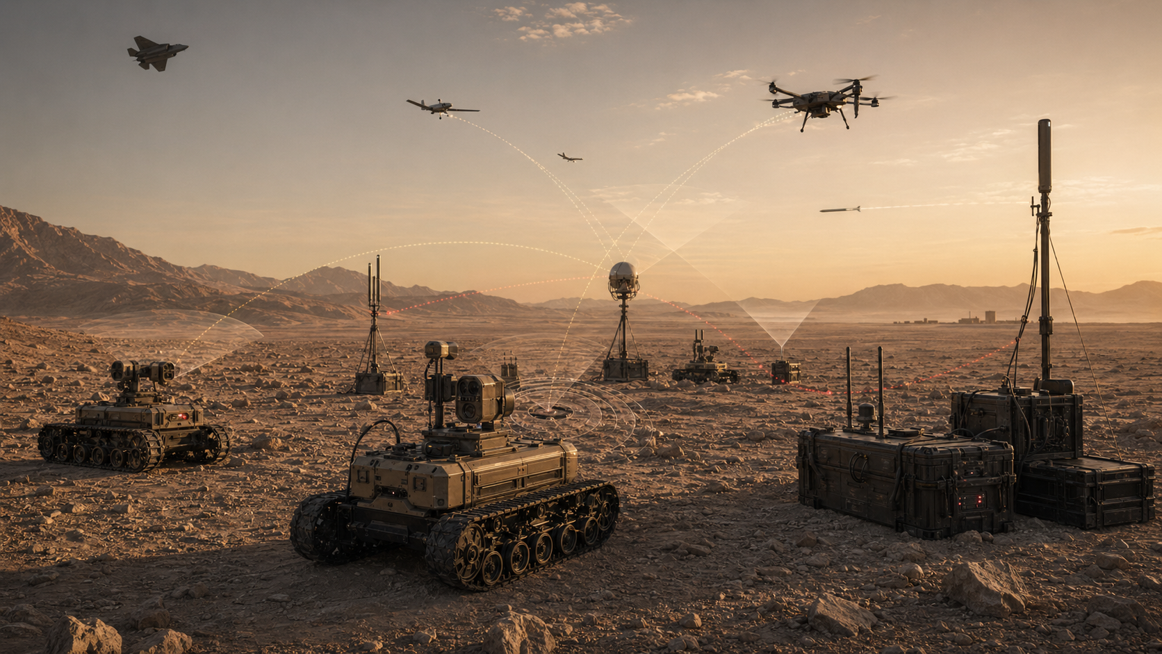 UAV and ground drone electronic warfare range with passive sensing and RF links