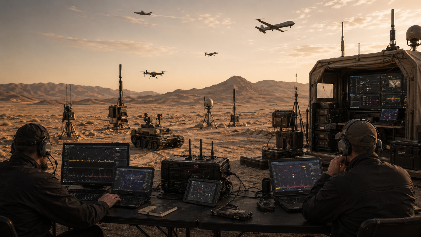 Distributed UAV and ground drone electronic warfare test range with field spectrum nodes
