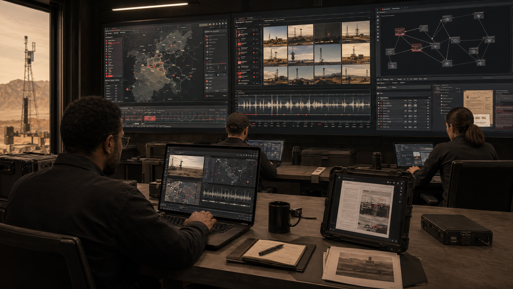 Automated knowledge acquisition room with source, map, video, and evidence displays
