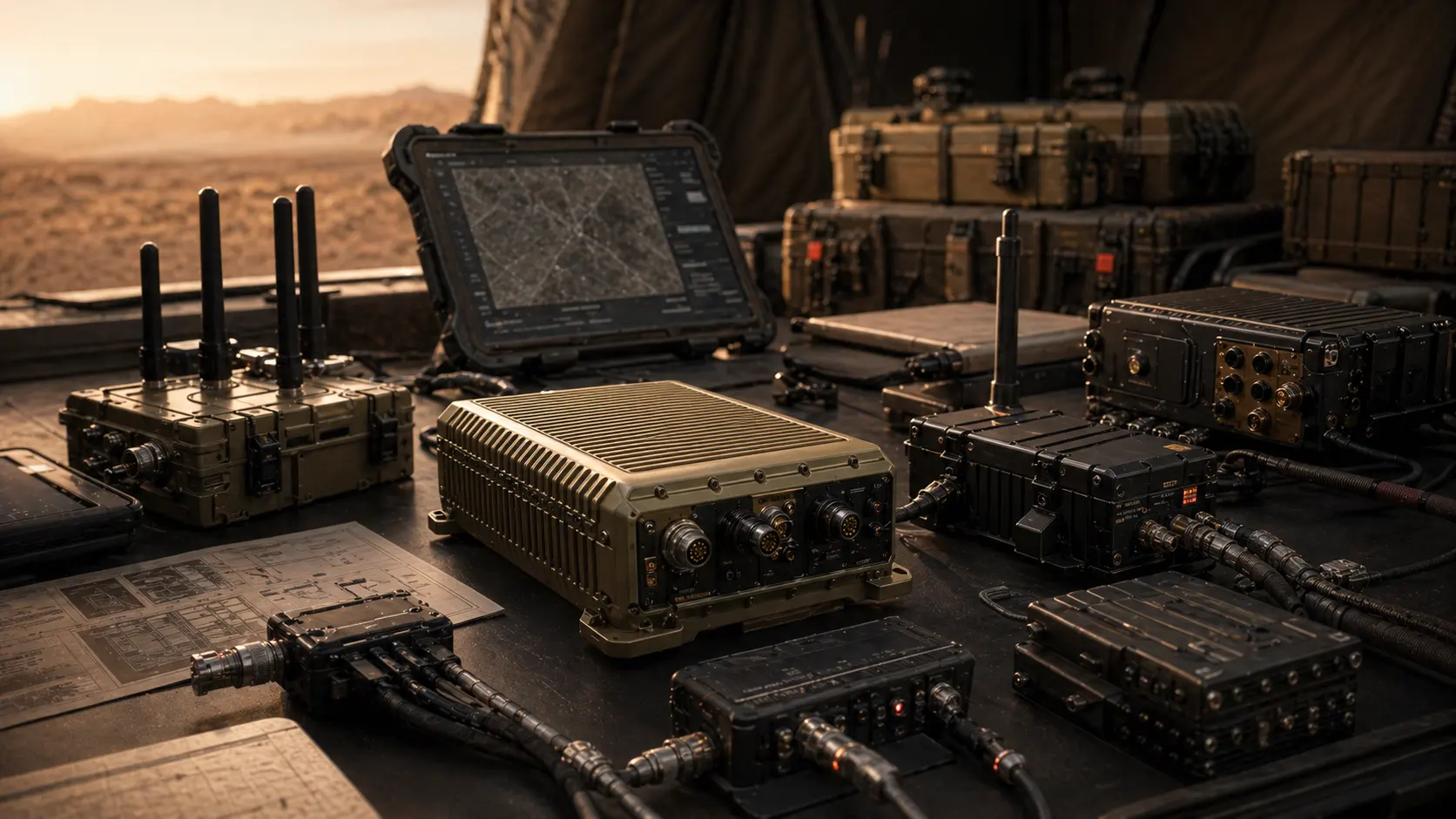 Rugged RF edge hardware, secure compute modules, antennas, cabling, and field cases arranged for product evaluation