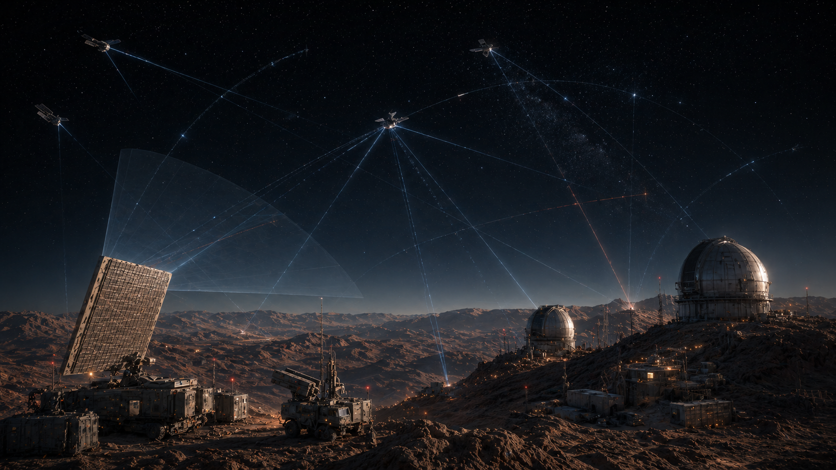 Space domain awareness range with satellites, orbital tracks, ground sensors, and RF data paths