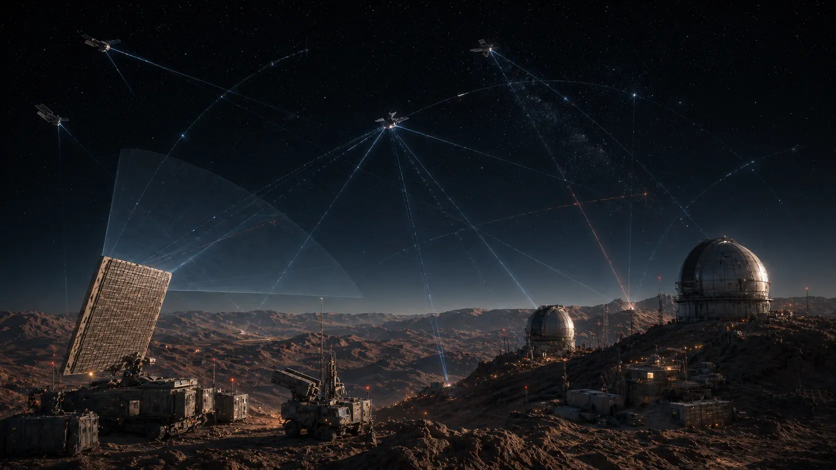 Space domain awareness range with satellites, orbital tracks, ground sensors, and RF data paths