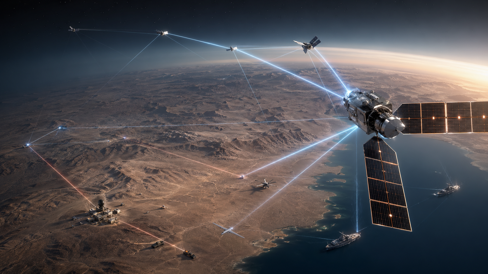 Orbital communications mesh linking satellites, aircraft, maritime vessels, ground systems, and RF paths over desert terrain