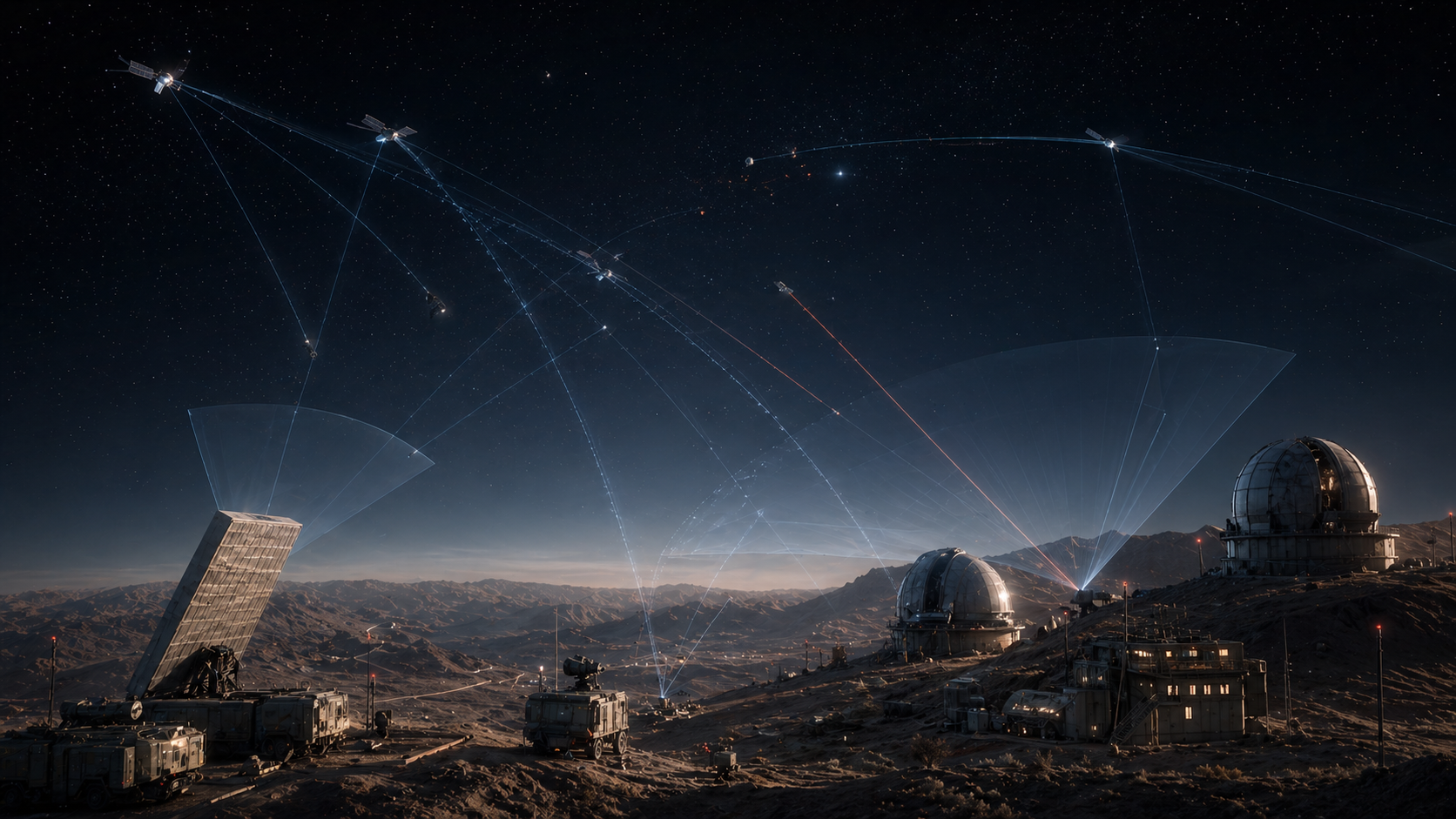 Space domain awareness range with phased-array radar, telescope domes, satellites, and spectrum arcs over desert terrain