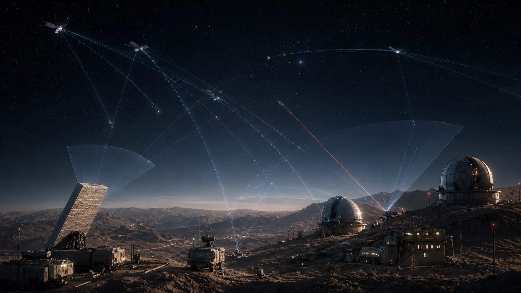 Space domain awareness range with phased-array radar, telescope domes, satellites, and spectrum arcs over desert terrain