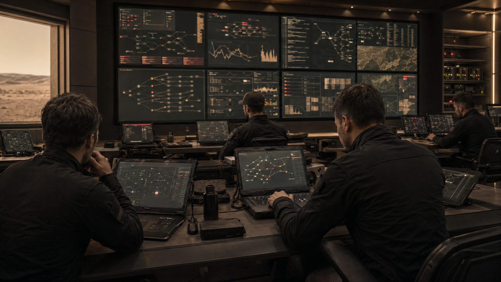 Authorized specialized offensive AI range with mission planning displays